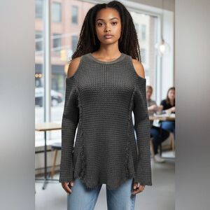 EUC Elan Women's Black Waffle Knit Cold Shoulder Sweater Raw Hem Accents- Size M